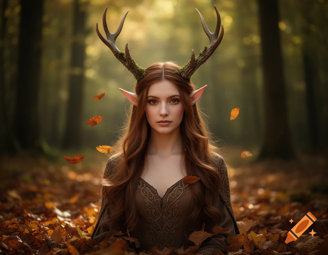 Photorealistic portrait of a woman with long reddish-brown hair, deer antlers, and elf ears, sitting among fallen autumn leaves in a forest.