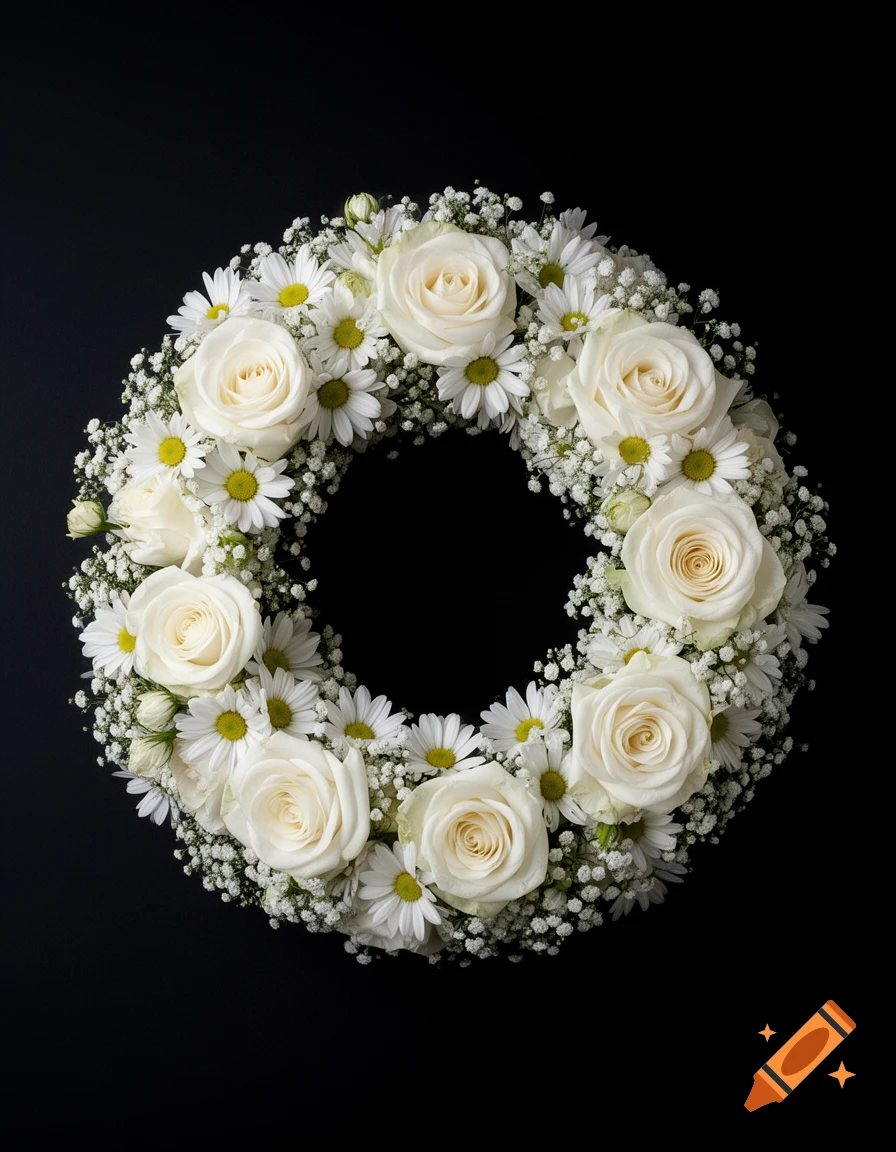 White floral wreath with roses, daisies, and baby's breath on a black background.