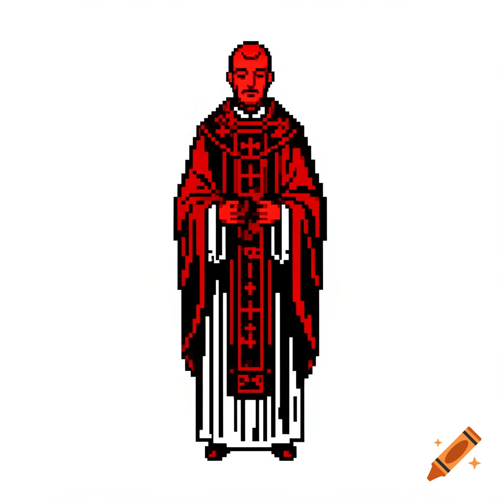 A red, black, and white 1-bit pixel art image of a priest in detailed robes, standing and holding his hands together.