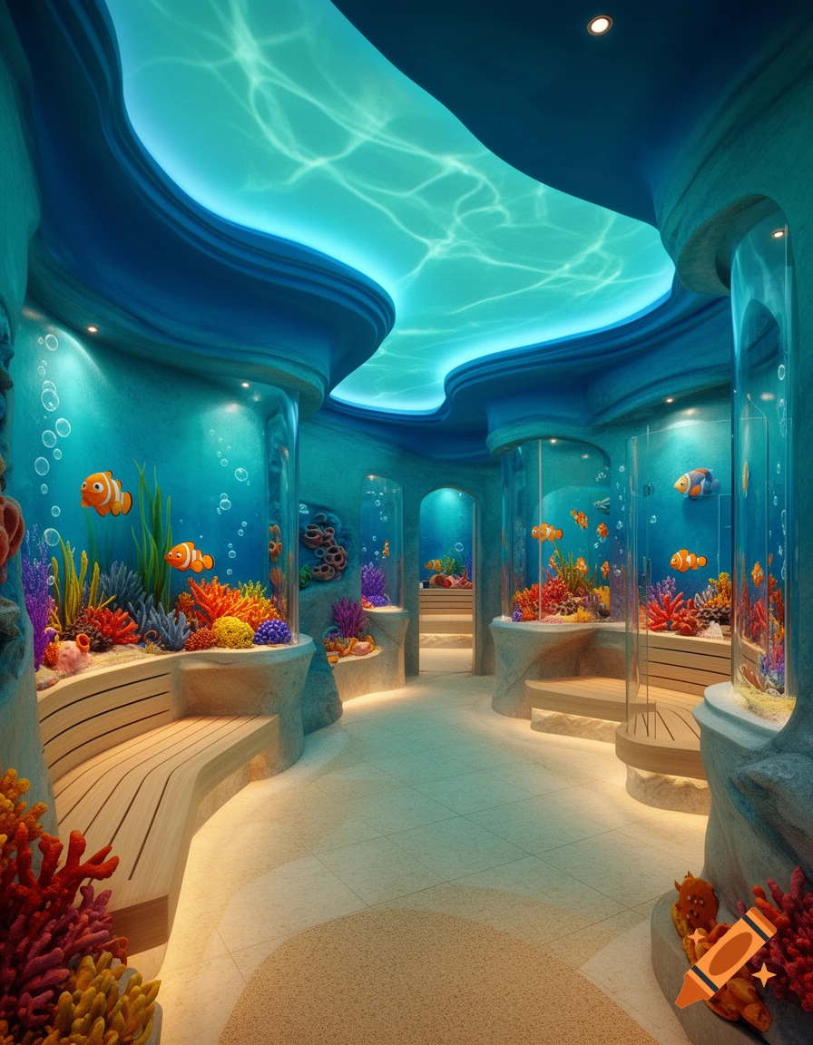 Vibrant underwater-themed spa room with blue and turquoise walls, rippling light ceiling, aquariums with clownfish, colorful corals, wooden benches, and sandy floors.