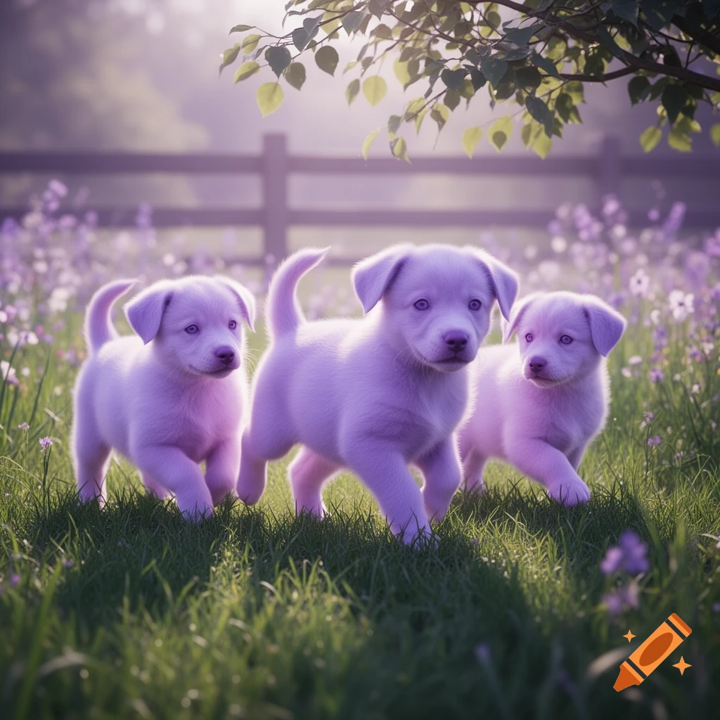 Three pastel purple puppies walk through a grassy field with purple flowers under a sunny, leafy branch.