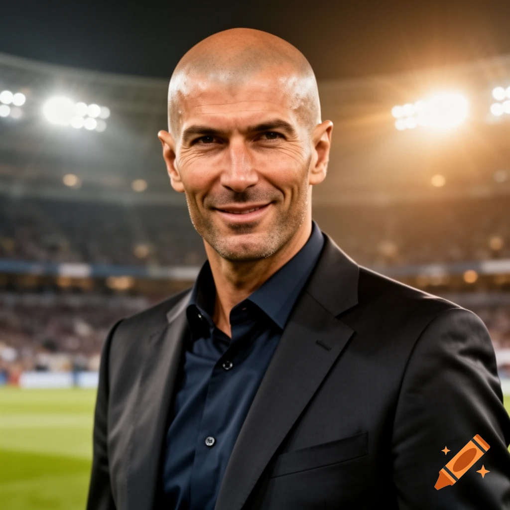 Photorealistic portrait of Zinedine Zidane smiling in a dark suit with a stadium in the background.