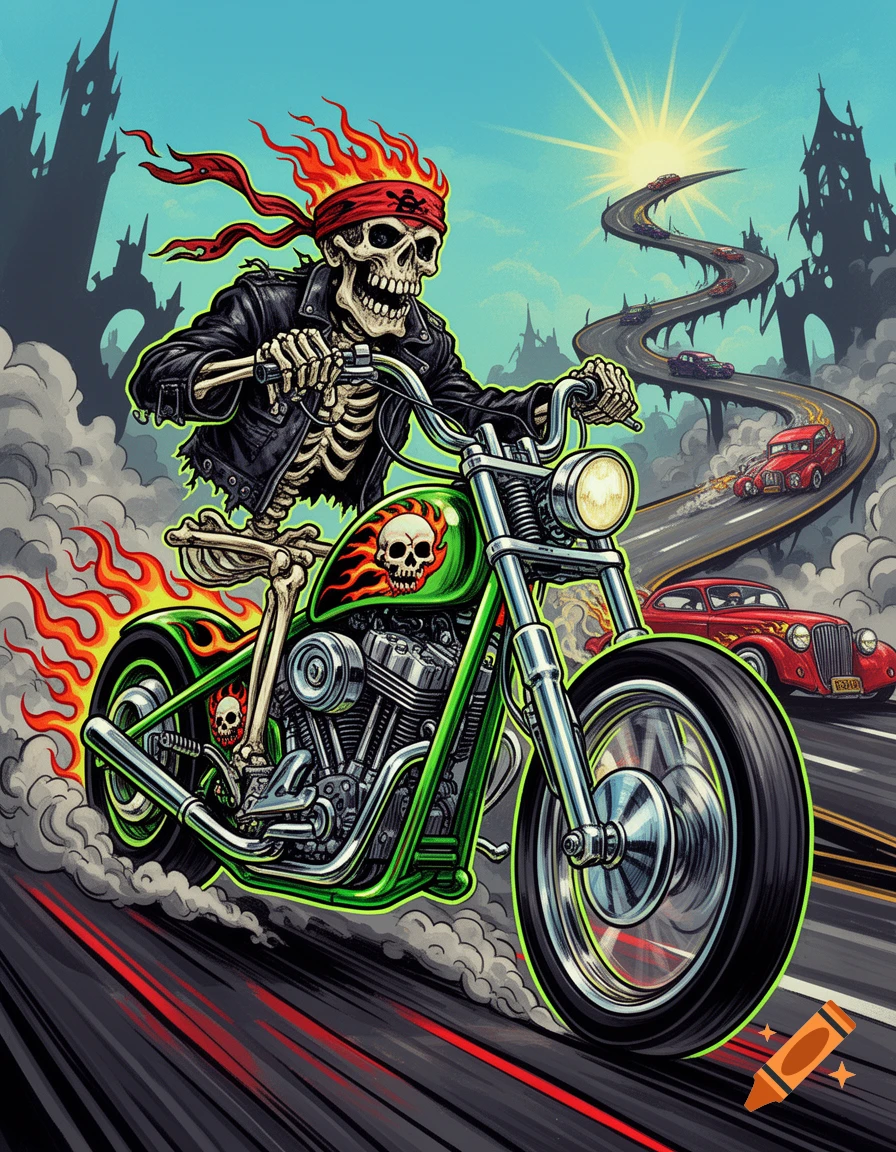 A stylized cartoon skeleton in a leather jacket rides a flaming green chopper motorcycle on a winding road with classic cars and dark castles.