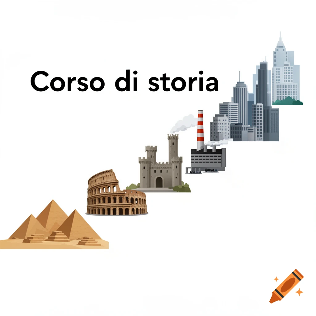Cartoon timeline of history: Egyptian pyramids, Roman Colosseum, medieval castle, industrial factory, and modern city, with text 'Corso di storia'.