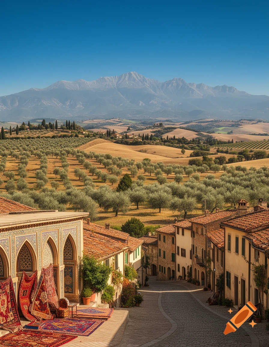 A serene village street with an ornate building displaying colorful rugs, overlooking rolling hills of olive groves and distant mountains under a clear blue sky.