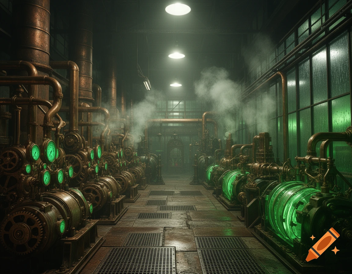 A dimly lit steampunk factory interior with rows of copper machinery, glowing green elements, and steam.