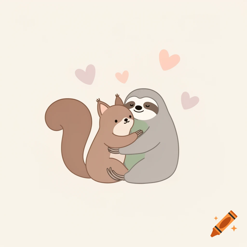 A cute cartoon squirrel and sloth hugging each other with pink hearts floating above them on a light background.