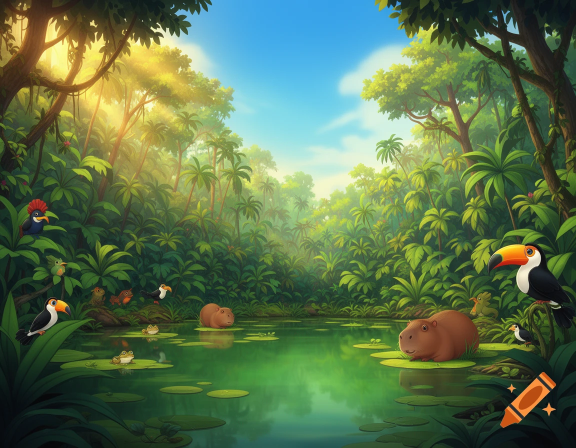 A vibrant cartoon jungle scene with lush green foliage, a pond with lily pads, capybaras, frogs, and colorful birds like toucans and a red-crested bird.