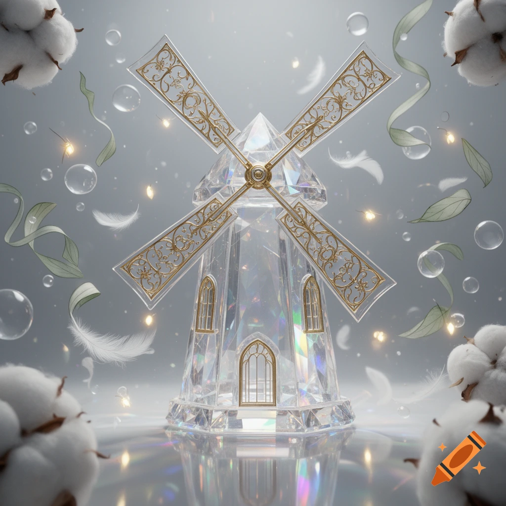 An ornate crystal windmill with gold accents, surrounded by floating cotton, feathers, bubbles, and leaves, reflecting on a soft grey surface.