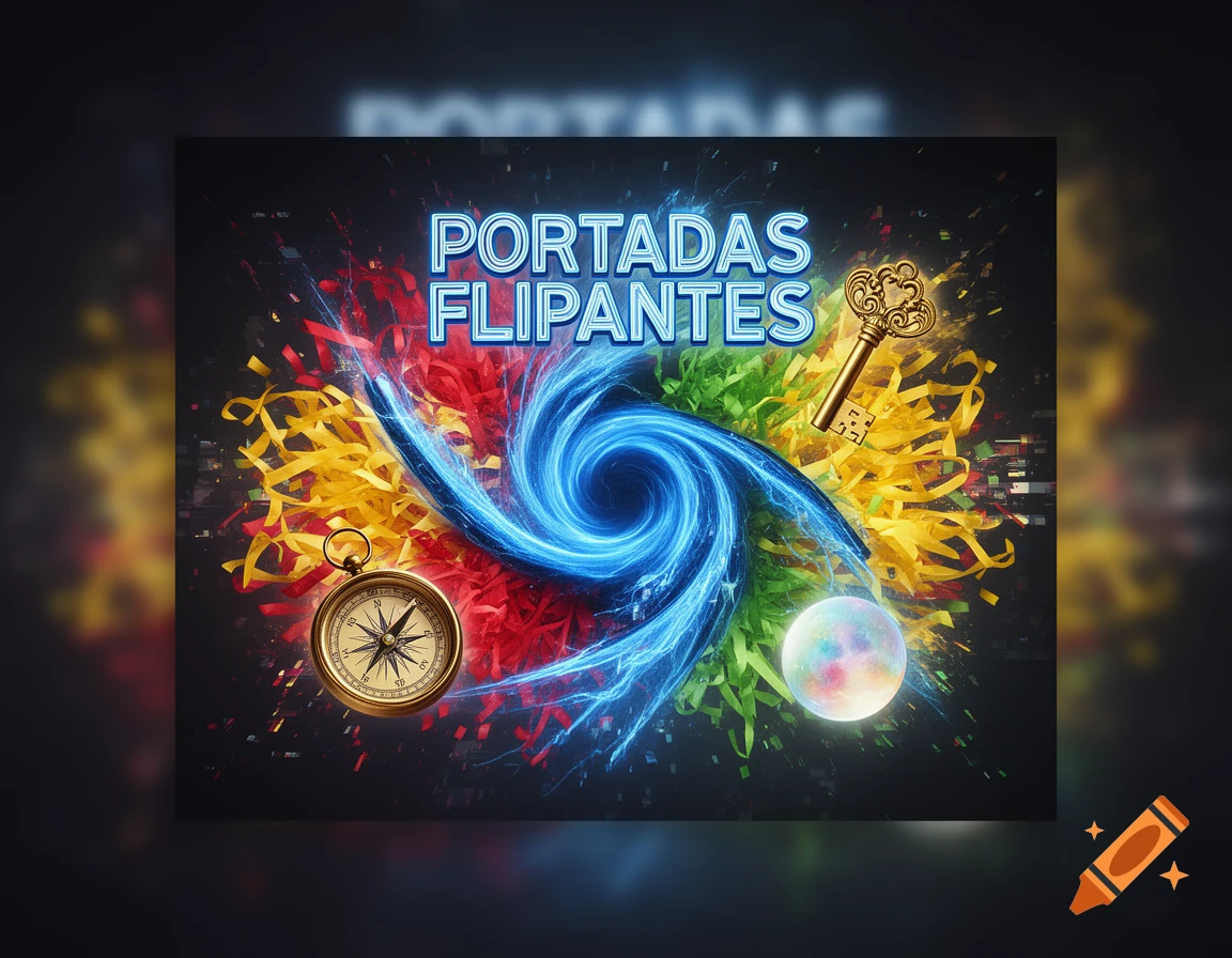 Vibrant game cover art with "PORTADAS FLIPANTES" text, a blue swirl, colorful confetti, golden key, compass, and glowing orb.
