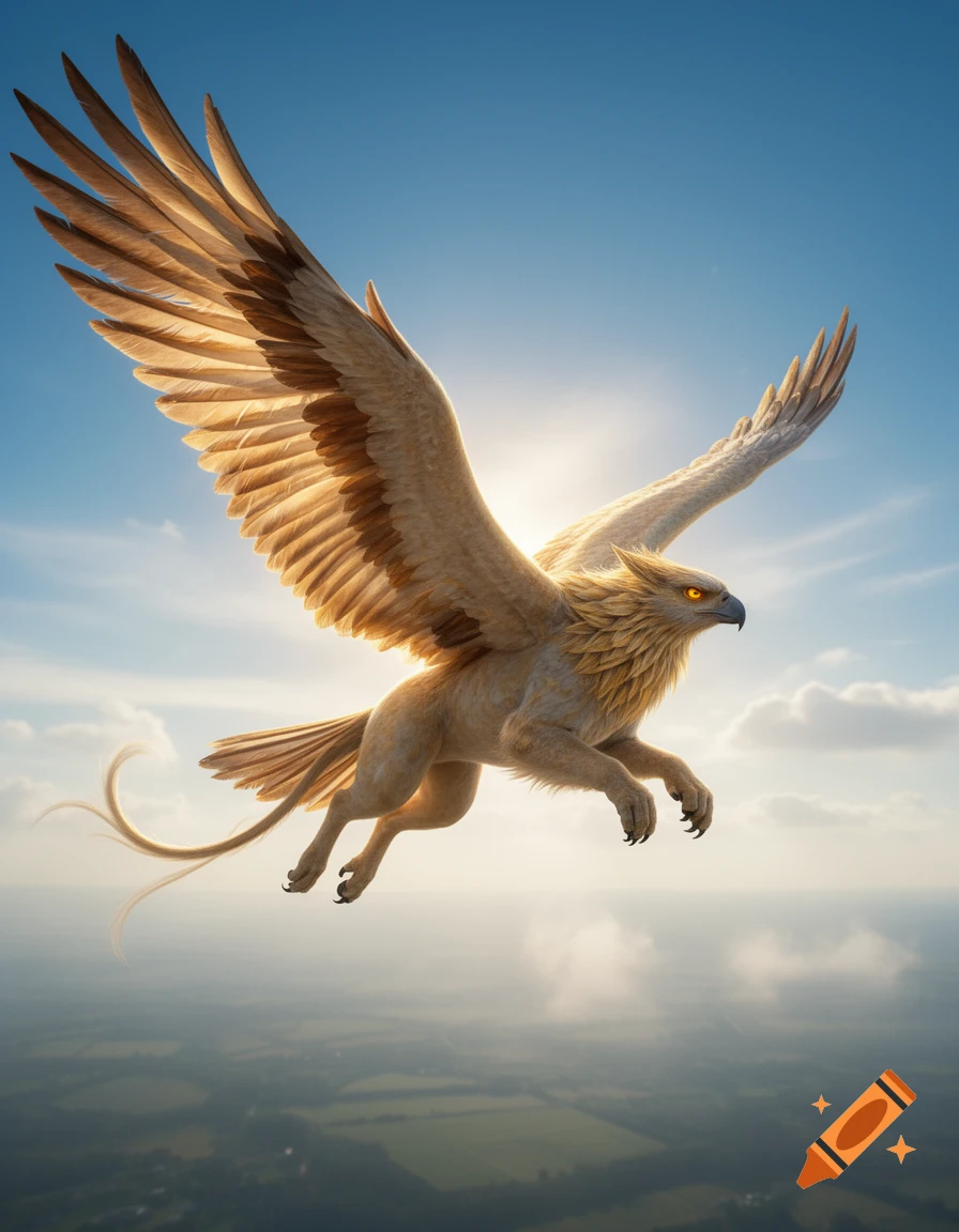 A majestic gryphon with golden feathers and glowing eyes flies across a bright blue sky over a cloudy landscape.