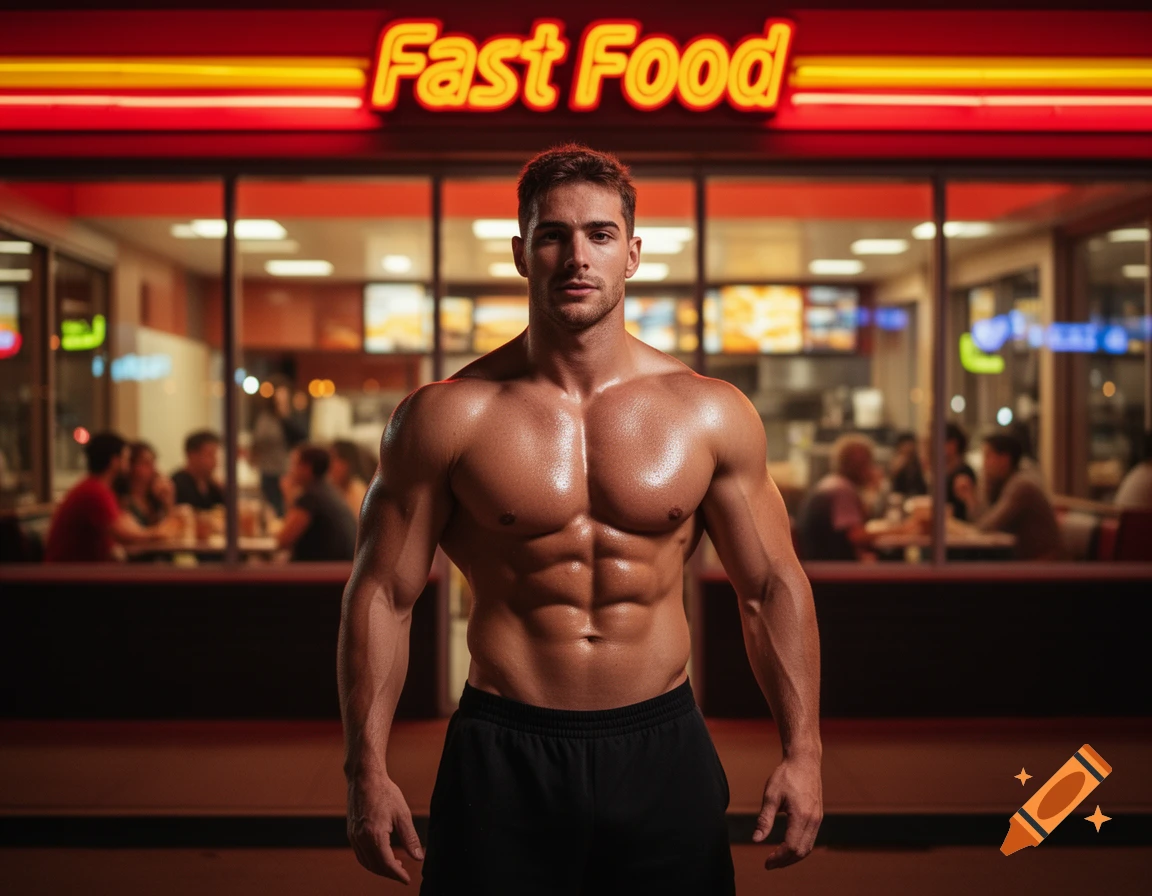 A shirtless, muscular man stands outside a brightly lit fast food restaurant at night.