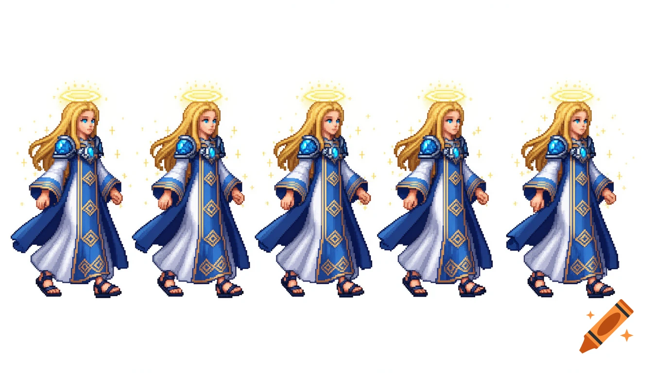 A pixel art sprite sheet shows five frames of a blonde fantasy priestess in a blue and white robe, golden halo, and blue shoulder armor, walking on a white background.