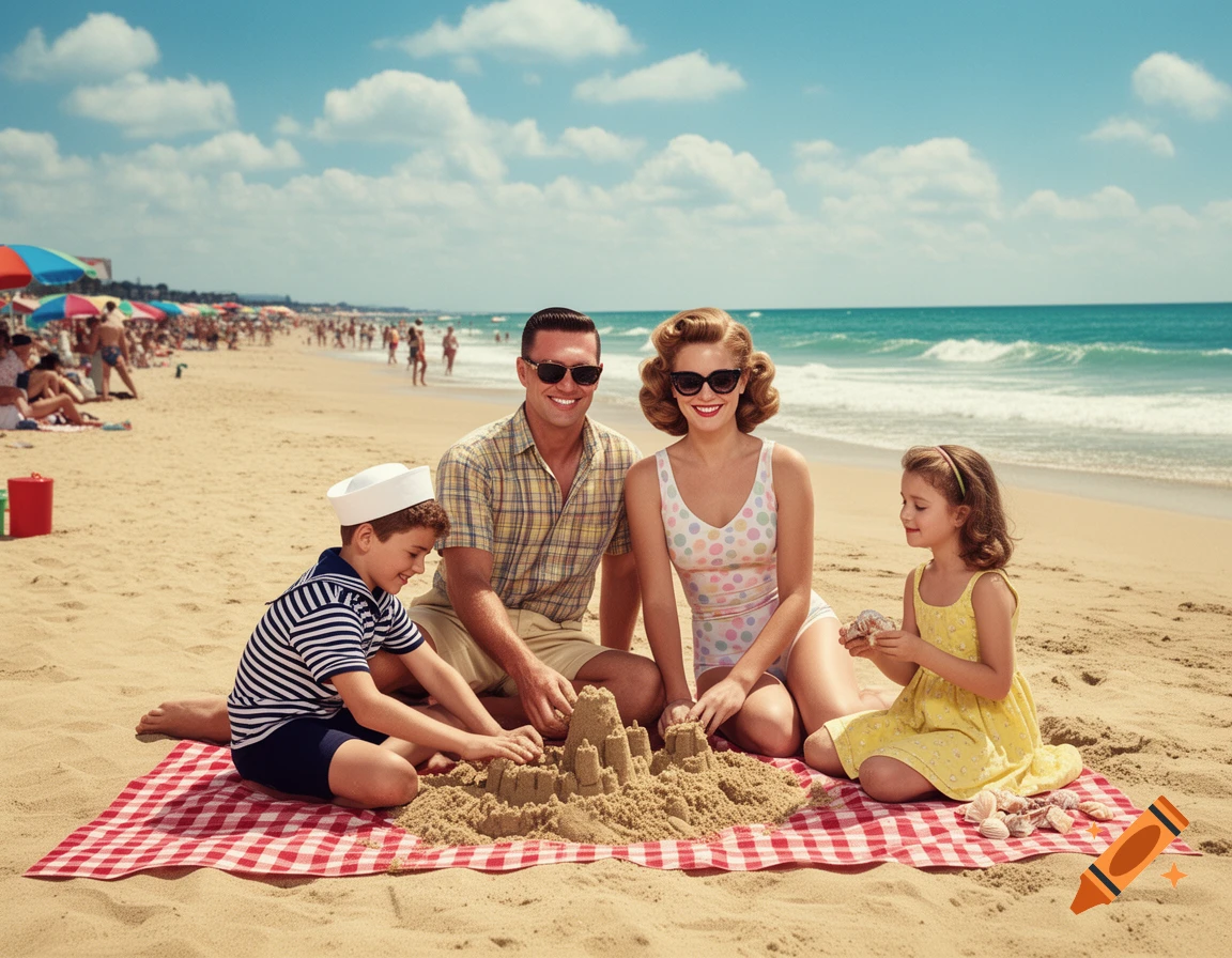 A smiling 1950s family builds sandcastles on a sunny beach, with a man, woman, boy, and girl on a red checkered blanket.