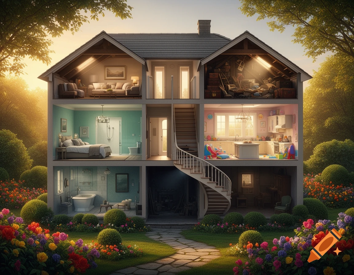 Detailed cutaway view of a multi-story house, like a dollhouse, showing various rooms and an attic, surrounded by a lush garden.
