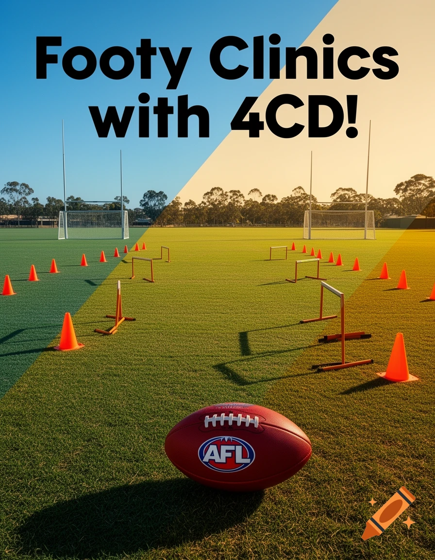 Photorealistic AFL ball on a sports field with cones, hurdles, and goals. Sky is split day/dusk. Text: 'Footy Clinics with 4CD!'