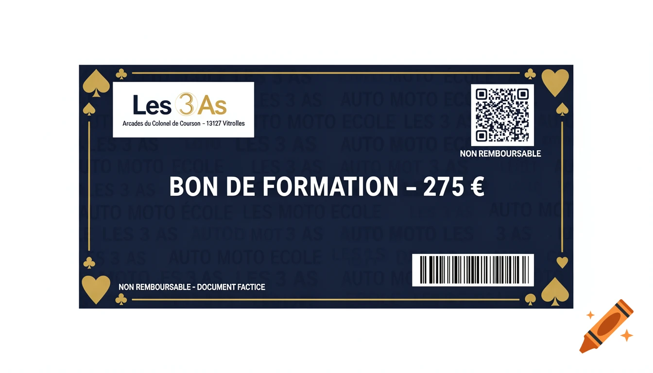 A dark blue and gold professional training voucher for "Les 3 As" driving school, valued at 275 euros, featuring a QR code and barcode.