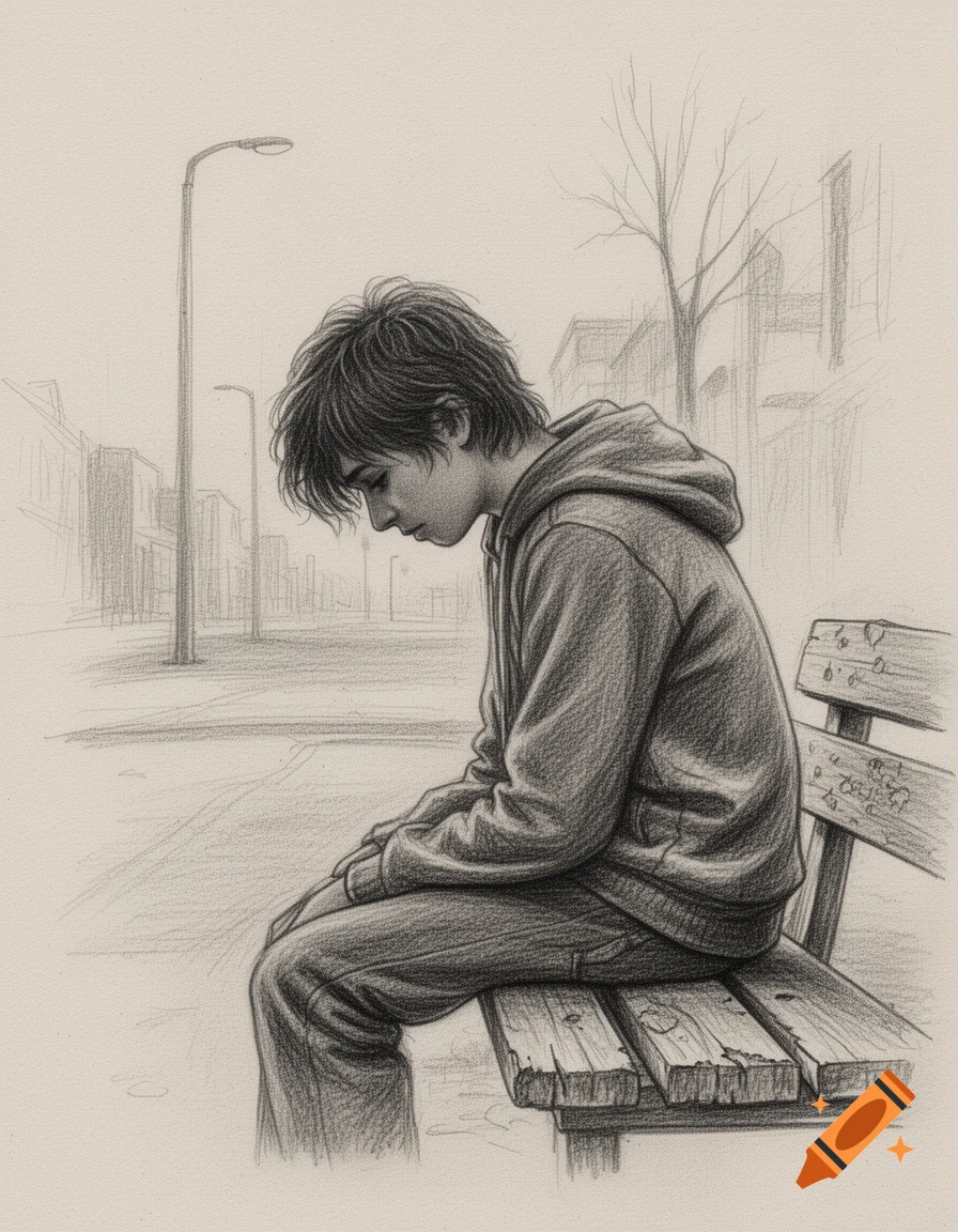 Pencil drawing of a sad teenager with messy hair, wearing a hoodie, sitting on a park bench in an urban sketch.