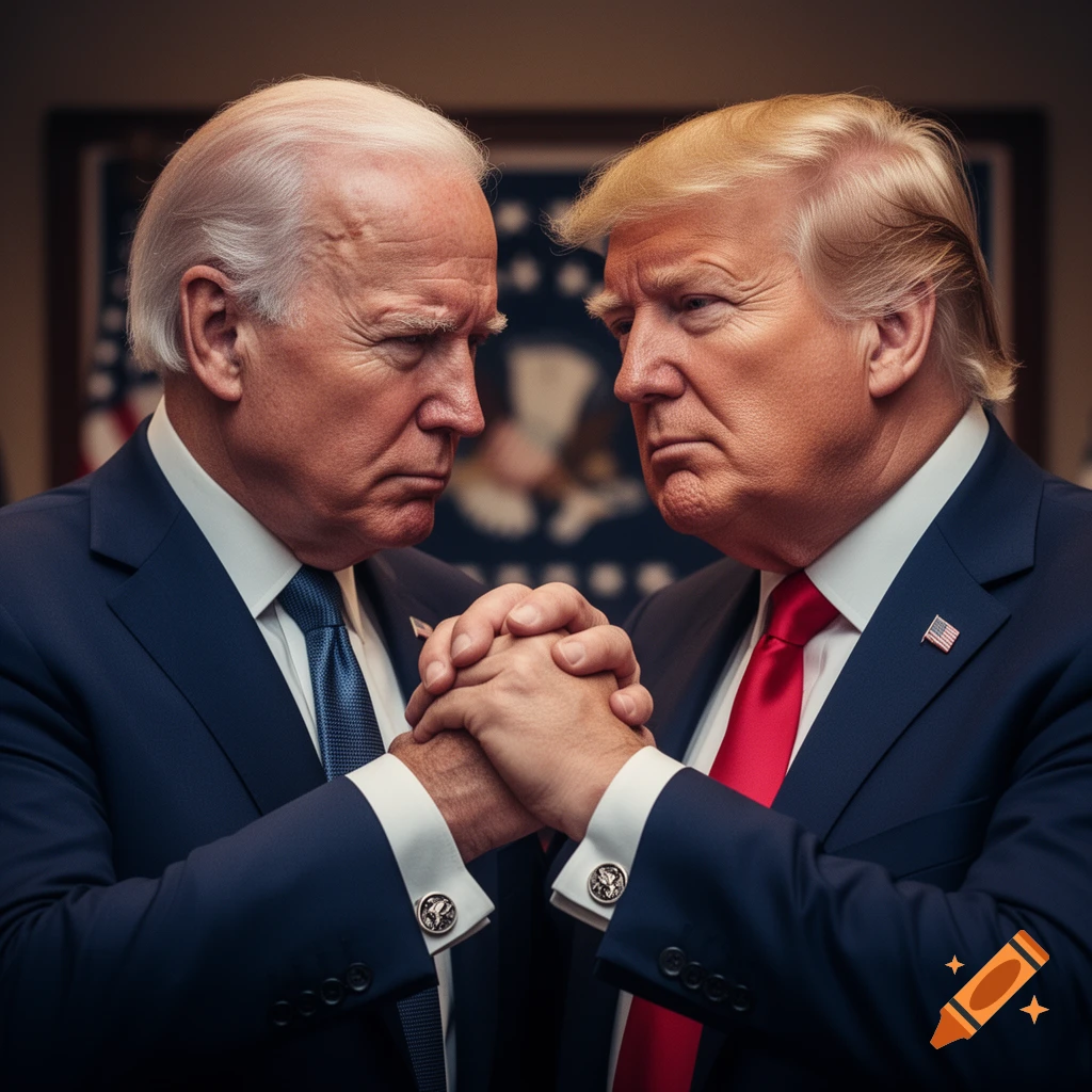 Photorealistic image of Joe Biden and Donald Trump facing each other intensely, holding hands clasped in front of them.