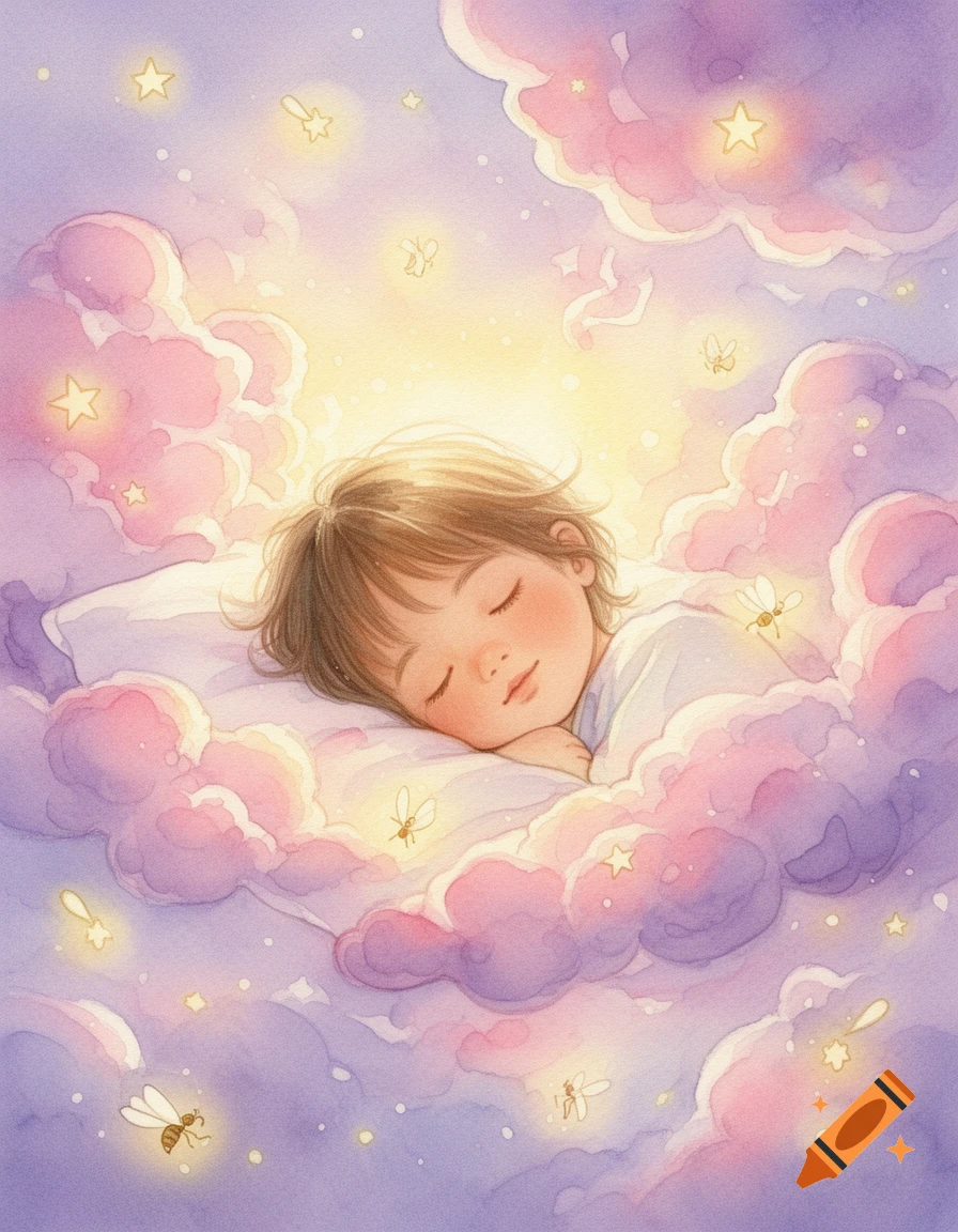 Watercolor illustration of a child sleeping peacefully on a cloud, surrounded by glowing stars and fireflies.