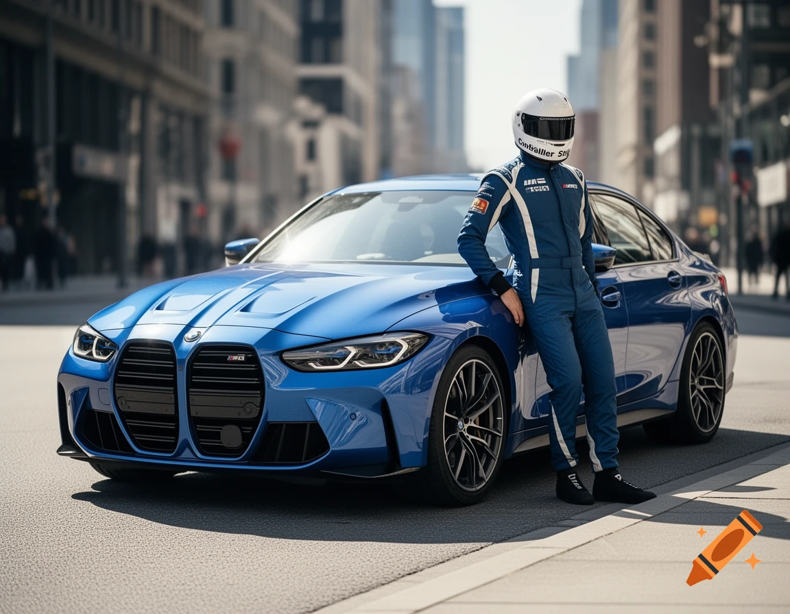 A photorealistic image of a blue BMW M3 G80 parked on a city street, with a person in a blue and white racing suit leaning on its hood.