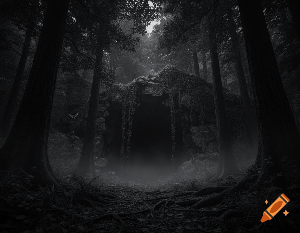 Dark, eerie forest leading to a mysterious cave entrance shrouded in mist, with tangled roots.
