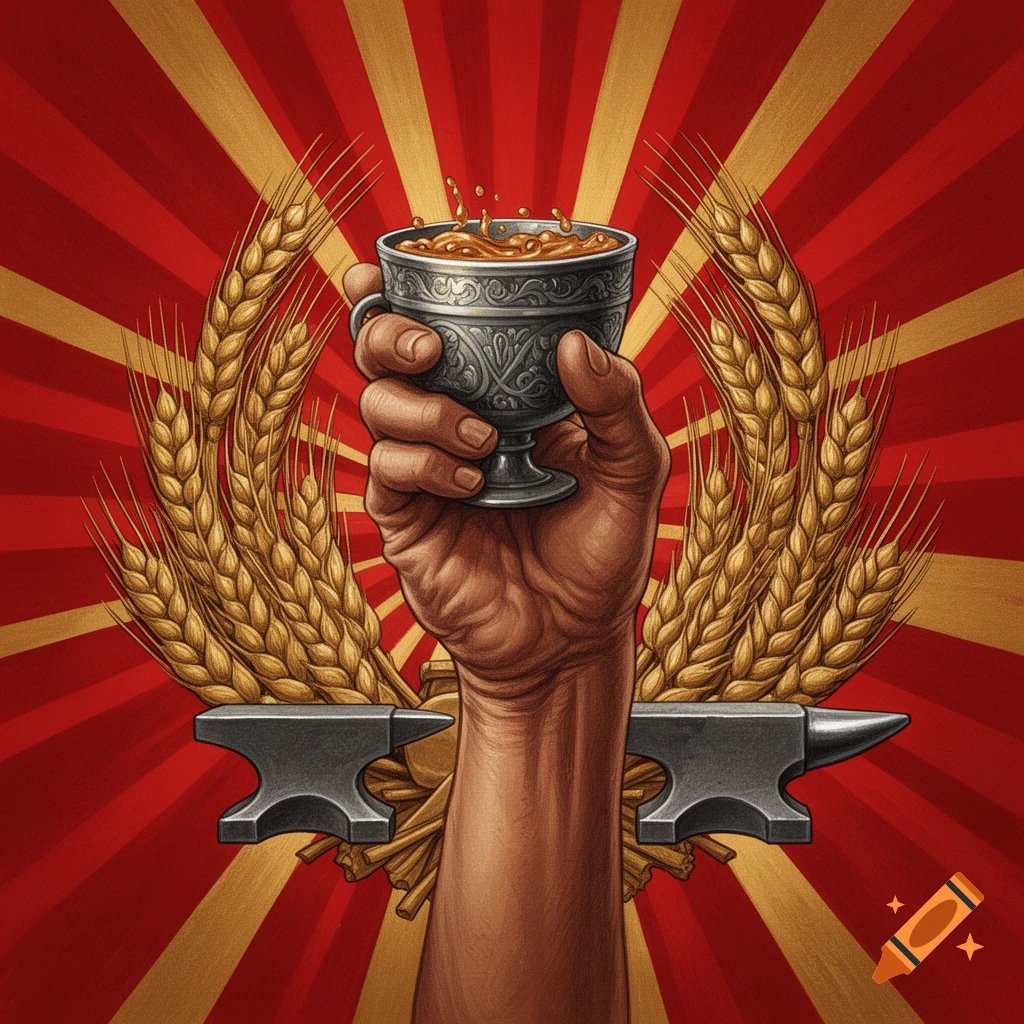 A strong hand holds an ornate silver cup against a red and gold sunburst background, flanked by wheat stalks and anvils, in the style of socialist heraldry.