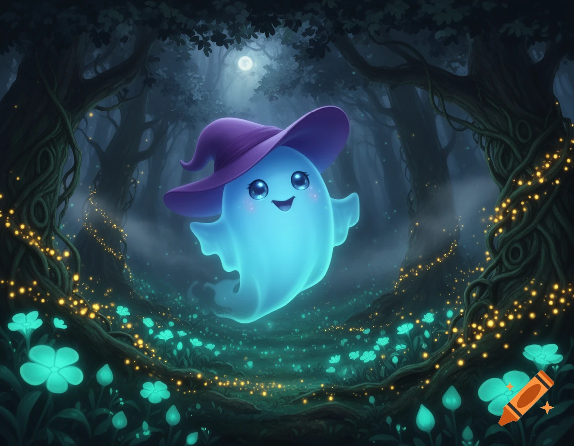 A cute, cartoonish blue ghost with a purple witch hat floats in a dark, magical forest with glowing plants and fireflies.