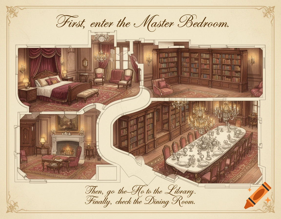 An intricate cutaway architectural illustration of a luxurious mansion showing a bedroom, library, and dining room.
