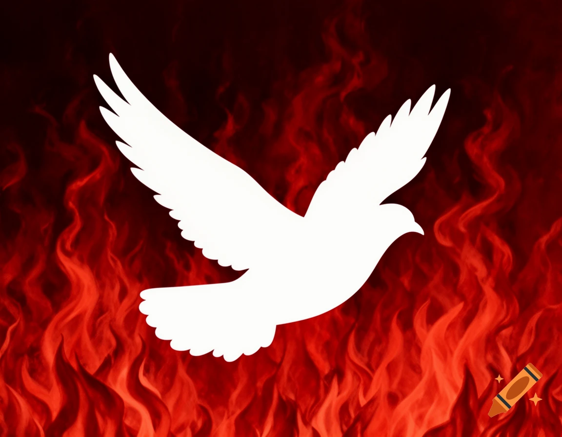 White dove silhouette flying against a dark red background with stylized tongues of fire.