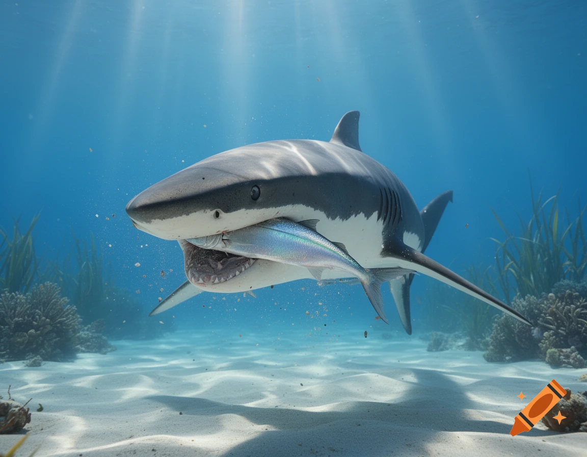 A photorealistic great white shark consumes a smaller fish underwater, with sun rays illuminating the sandy seafloor.