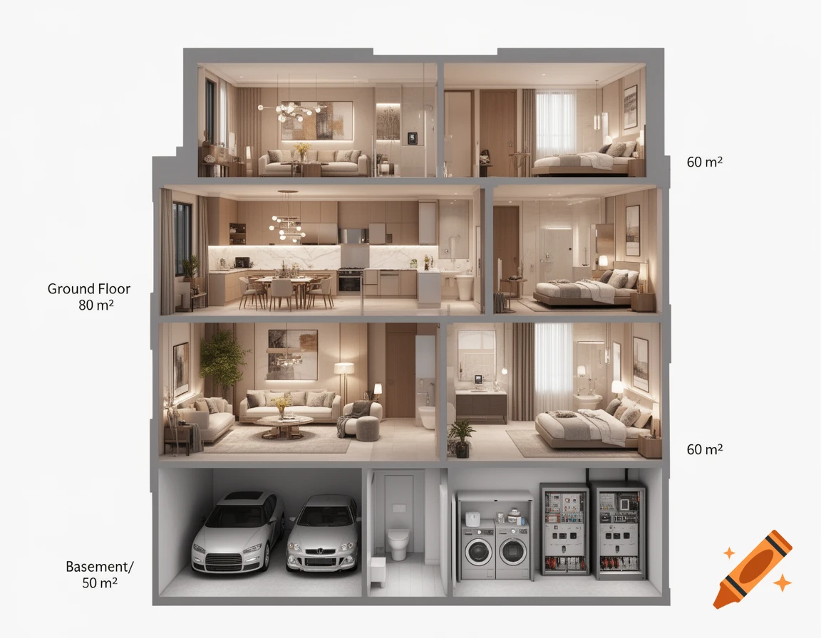 A detailed cutaway view of a four-story modern house, showing furnished living spaces, bedrooms, kitchen, and a basement with garage and utility room.