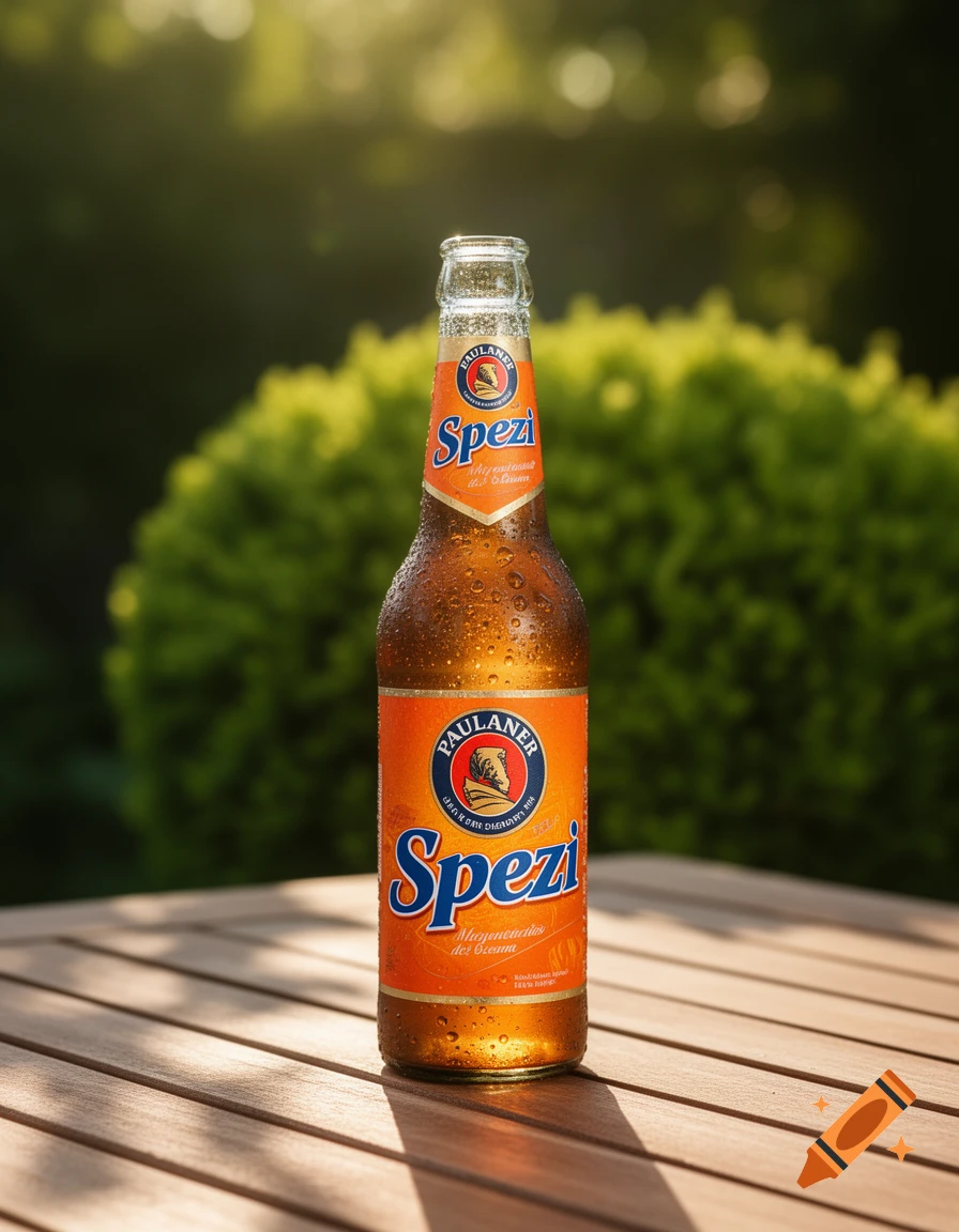 A condensation-covered bottle of Paulaner Spezi sits on a wooden table outdoors, with a green bush in the background.