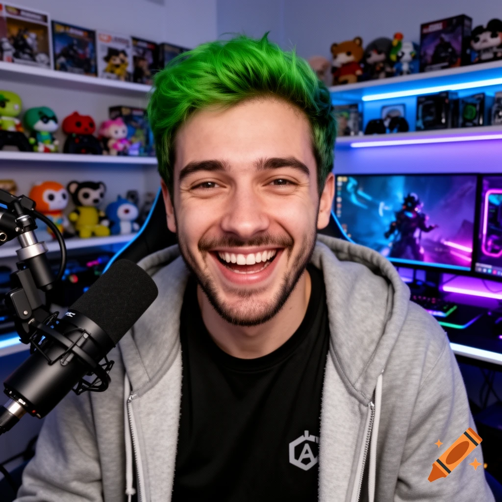 A smiling man with bright green hair in a grey hoodie sits in front of a neon-lit gaming setup with a microphone.