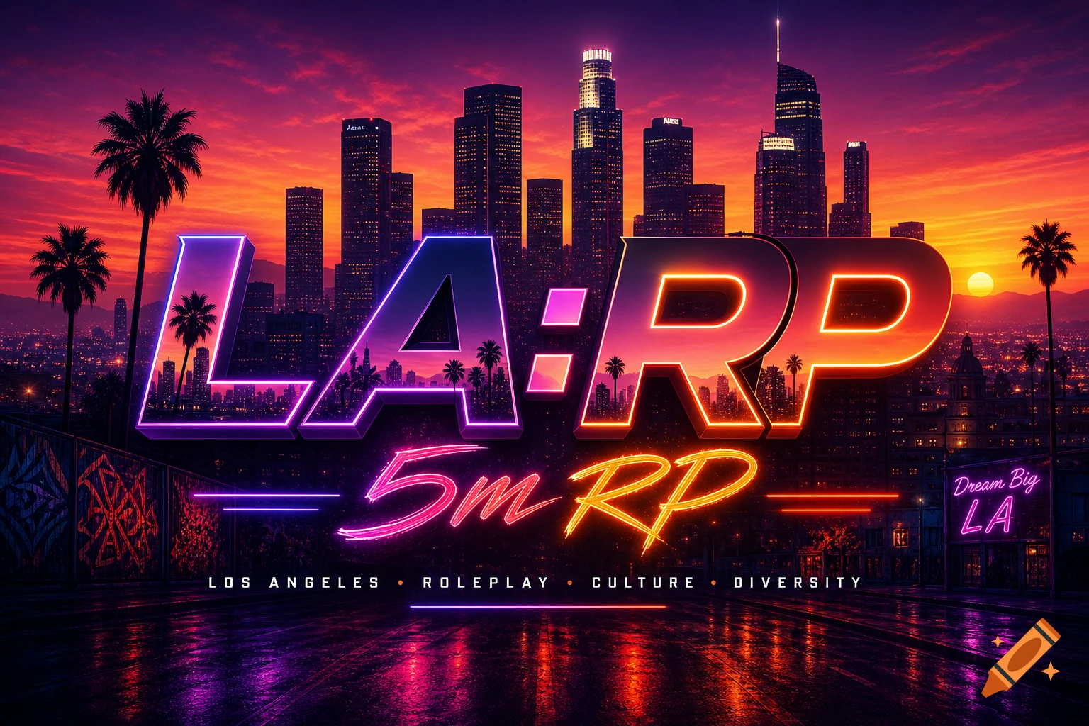 A vibrant neon logo for LA:RP 5m RP, set against a Los Angeles cityscape at sunset with palm trees and a wet street reflecting lights, in a synthwave style.