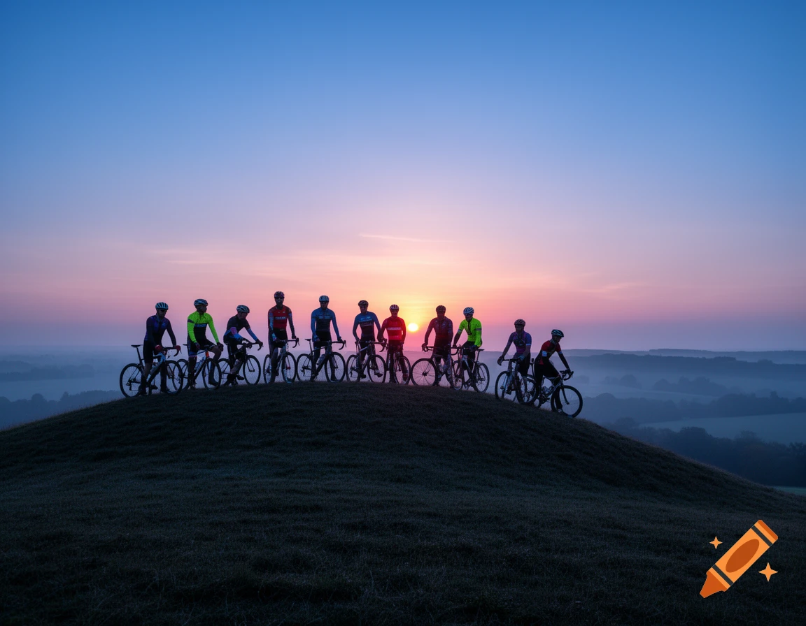 A group of cyclists silhouetted on a grassy hill against a vibrant orange and blue sunrise sky.