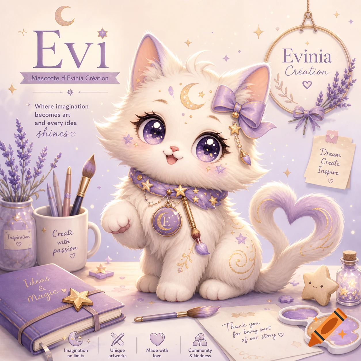 A cute white fluffy cat with large purple eyes, wearing a star-studded scarf and bow, surrounded by art supplies and inspiring text in a soft lavender and gold palette. Its tail forms a heart.