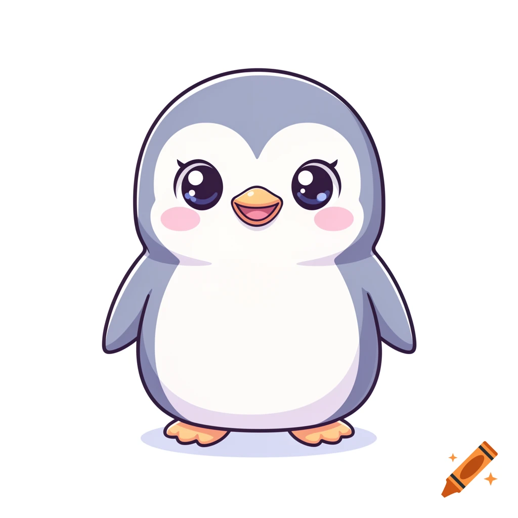 A cute baby penguin in kawaii chibi cartoon style with big sparkling eyes and a happy expression, on a white background.