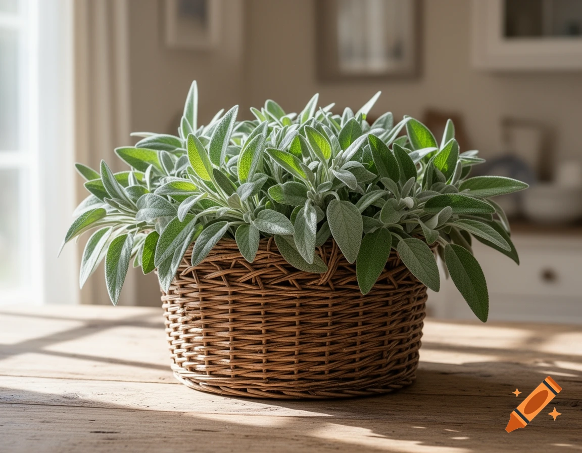 Photorealistic close-up of a vibrant green sage plant in a woven basket, sitting on a wooden table with a bright, blurred background.