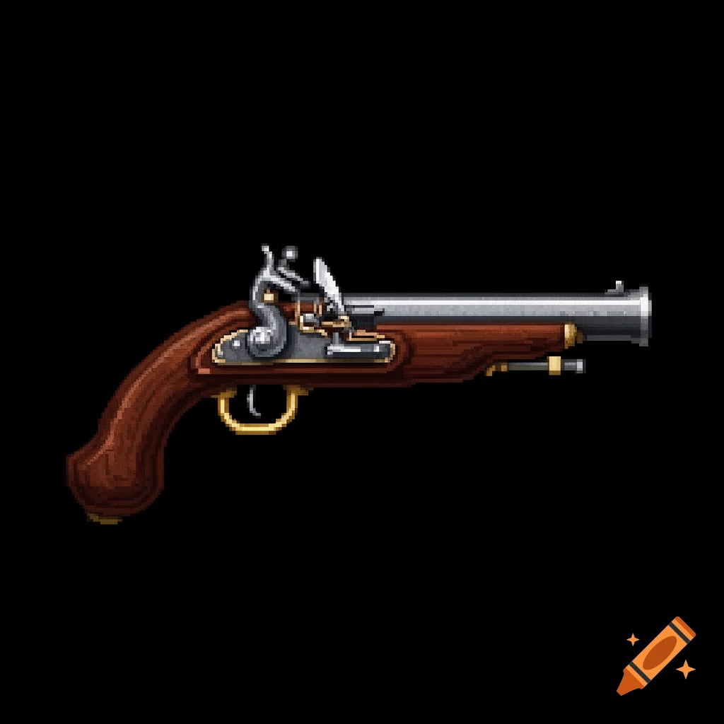 Pixel art of an antique flintlock pistol with a dark wood grip and metallic barrel on a black background.