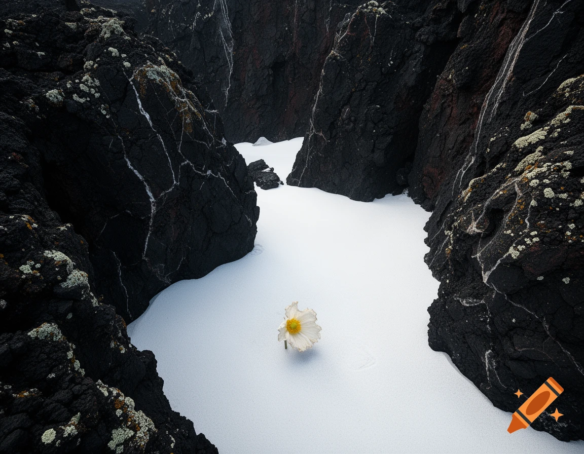 A single white flower with a yellow center sits on white snow, surrounded by dark, rugged rock formations.