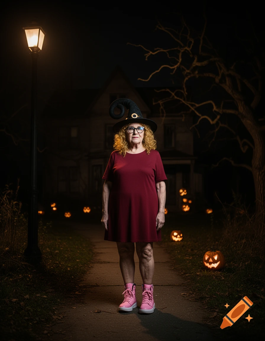 An older woman in a witch hat, red dress, eyeglasses, and pink sneakers stands on a dark path at night, surrounded by glowing jack-o'-lanterns.