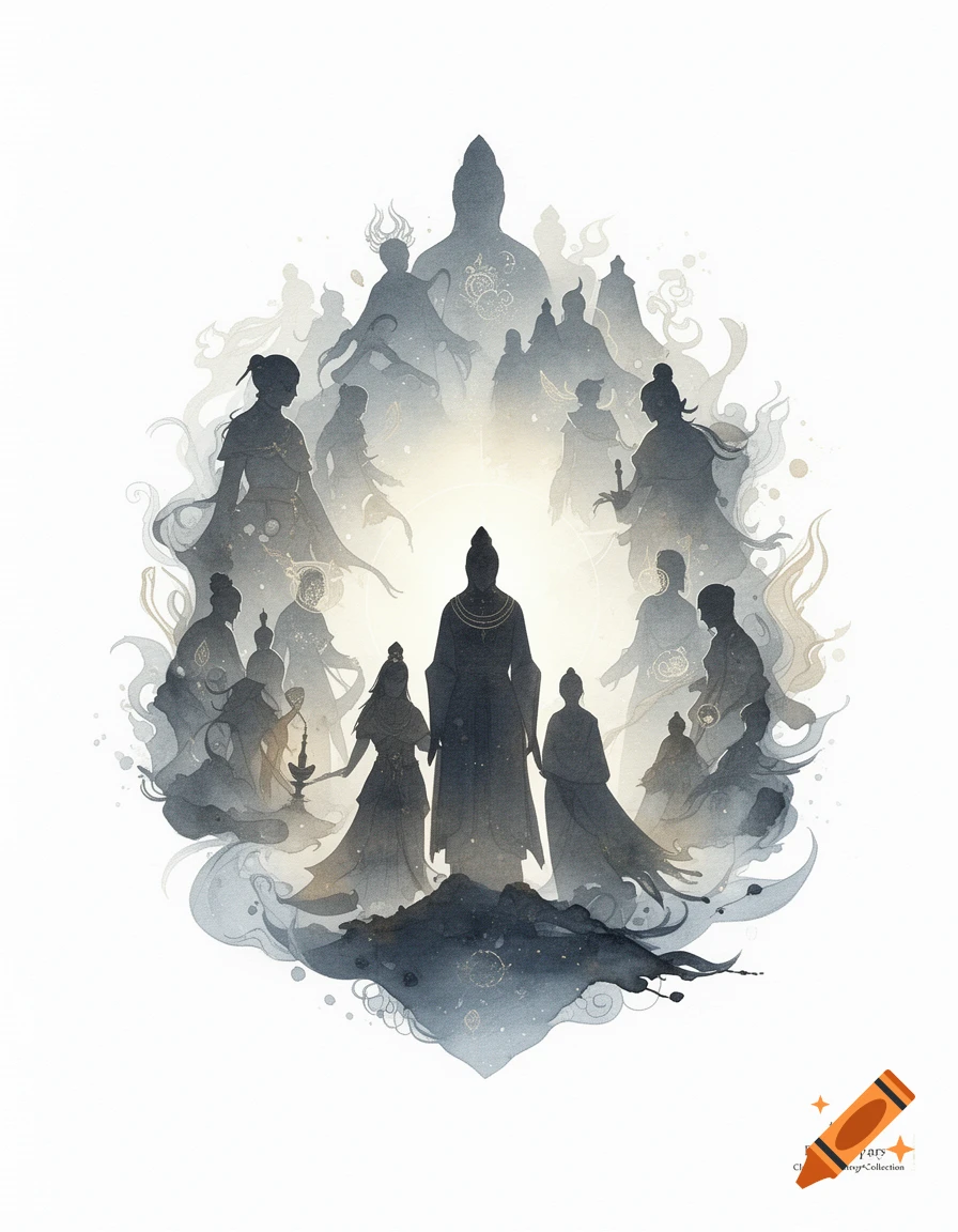 An ethereal watercolor illustration depicts a large gathering of silhouetted figures arranged in an oval shape, with a central, prominent figure. The style is dreamy and mystical, with subtle textures.
