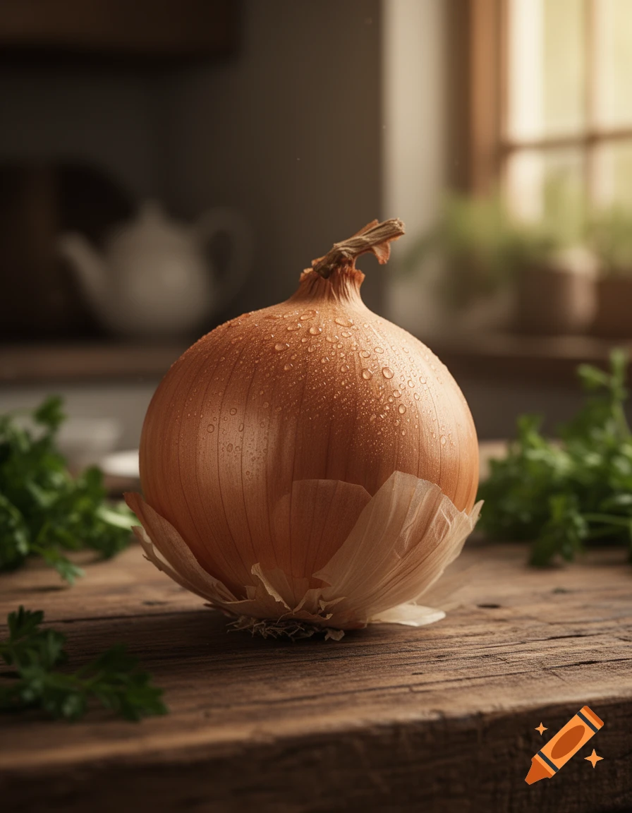 A close-up, photorealistic shot of an onion with water droplets on a rustic wooden table with green herbs.