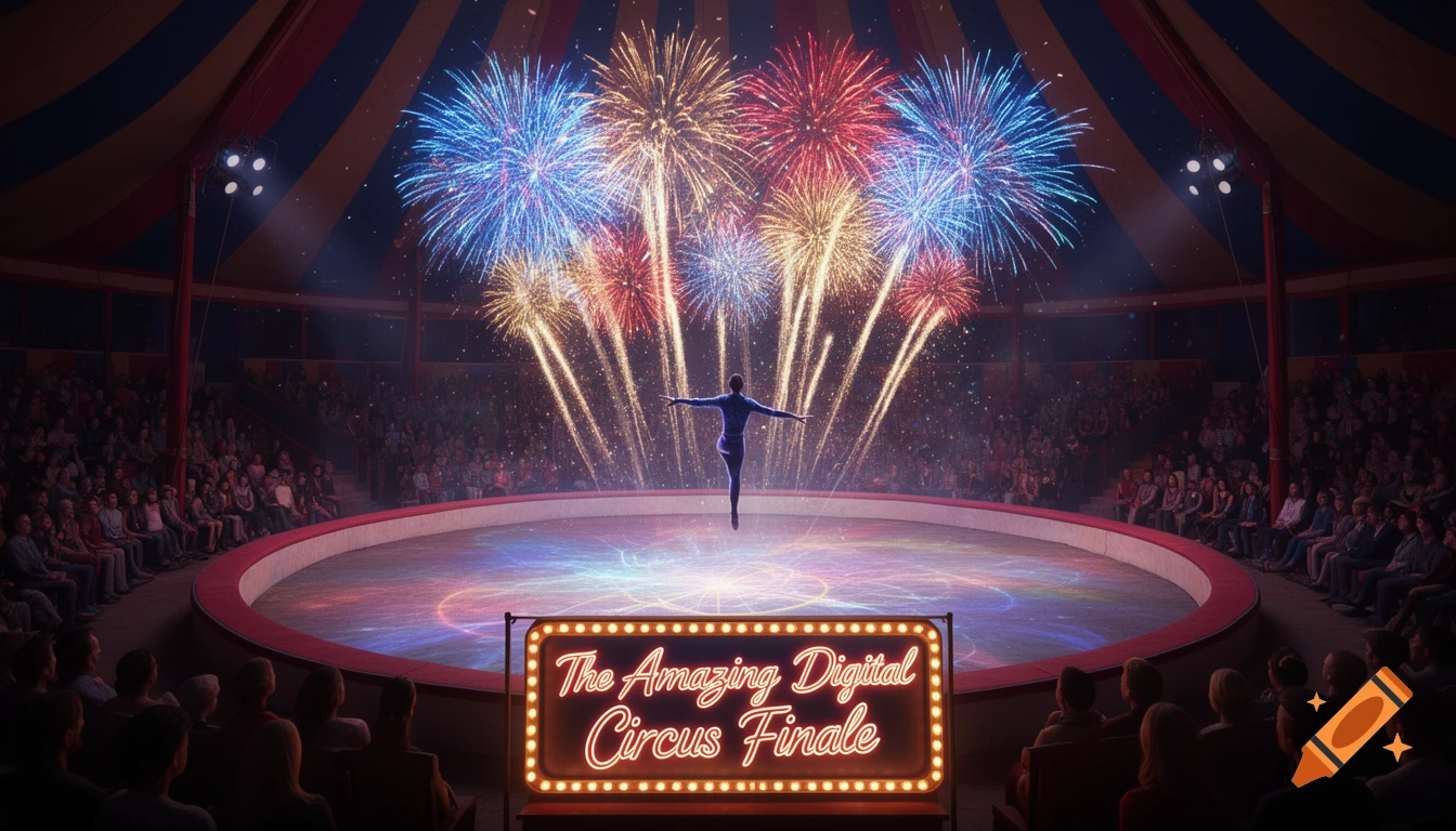 Grand circus finale with a performer on stage, colorful fireworks, and a large audience inside a big top tent.
