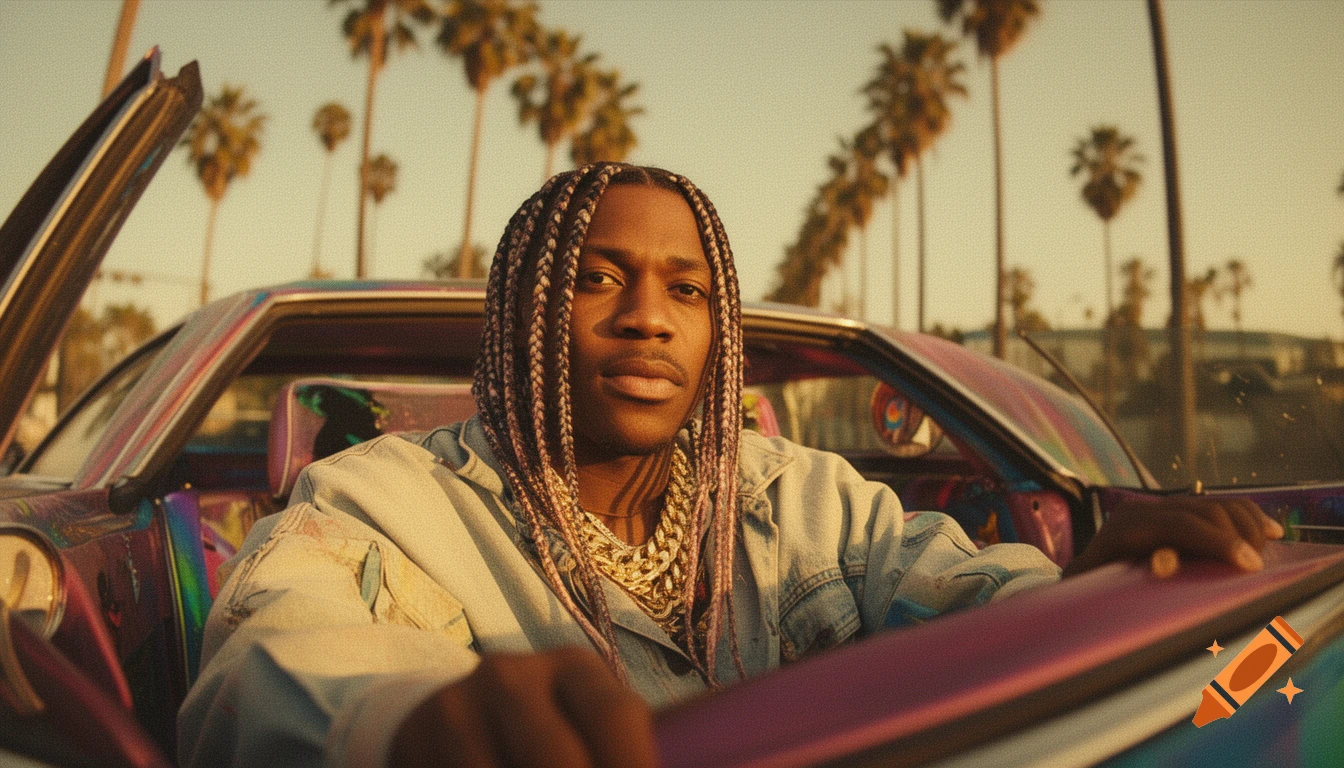 A man with braids and gold chains in a colorful lowrider on a sunny, palm-lined street, with a grainy, hyper-realistic film texture.