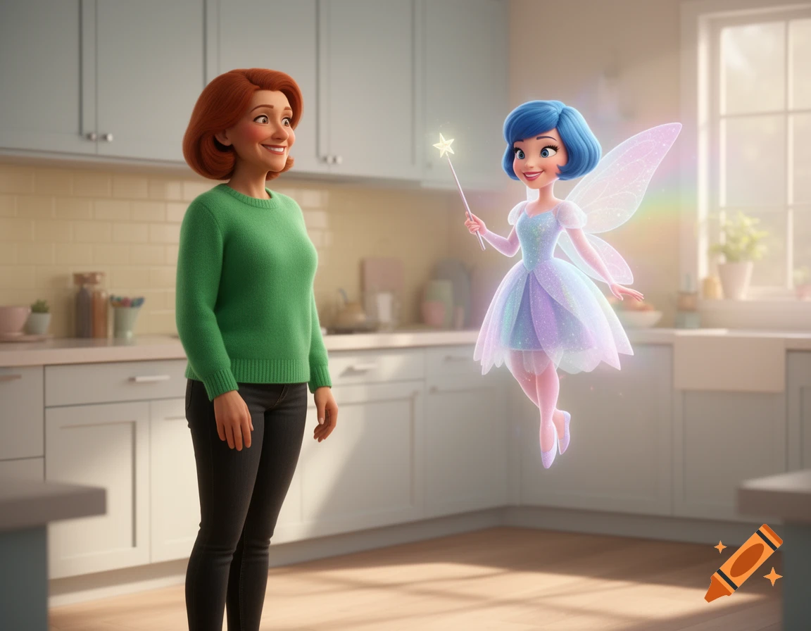 A smiling red-haired woman in a green sweater looks at a floating fairy with blue hair, wings, and a wand, in a bright kitchen.
