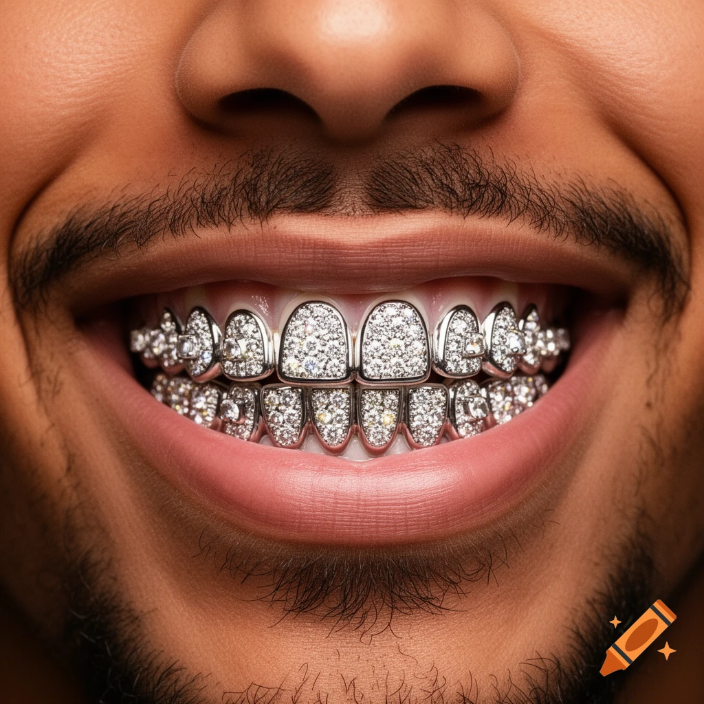 Close-up of a smiling person wearing full diamond grills on their teeth, with a mustache.