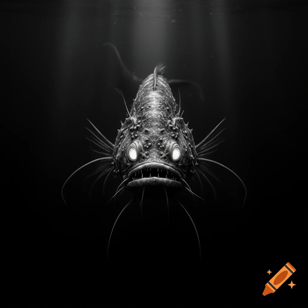 A creepy, textured deep-sea fish with glowing eyes and sharp teeth swims in the dark ocean in black and white.