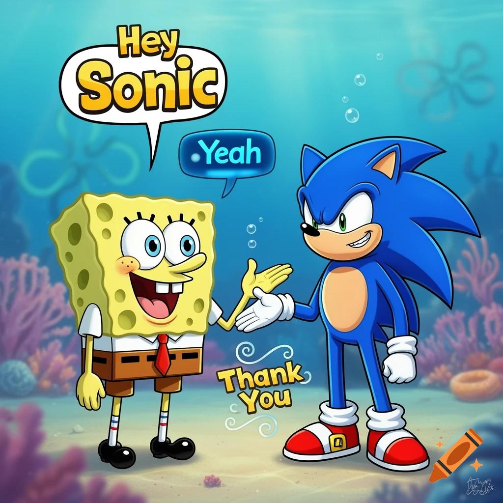 SpongeBob and Sonic the Hedgehog greet each other underwater in a vibrant cartoon style.